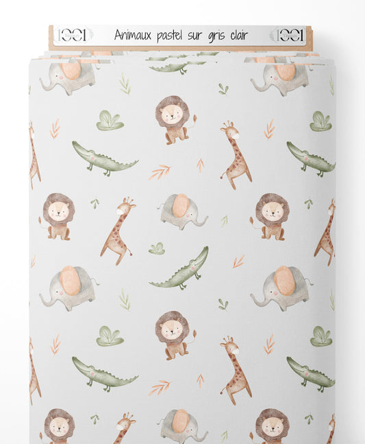 Tissu - Animaux pastel sur gris clair