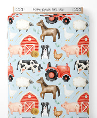 Tissu - Ferme joyeuse sur fond bleu