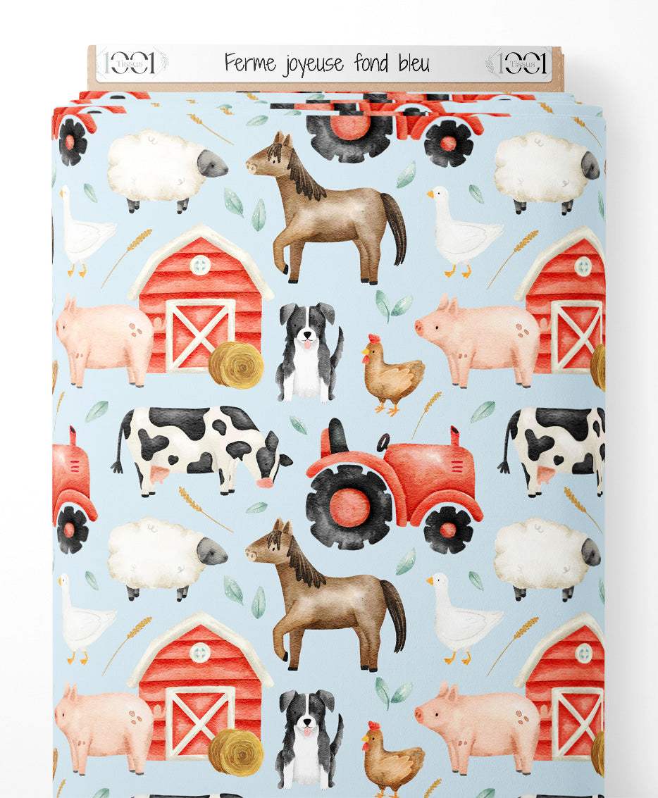 Tissu - Ferme joyeuse sur fond bleu