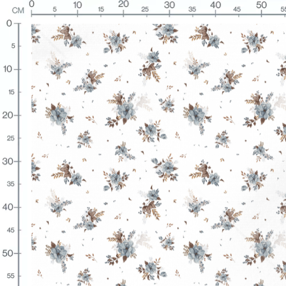 Tissu - Bouquets bleus bruns sur blanc