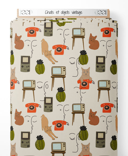 Tissu - Chats et objets vintage