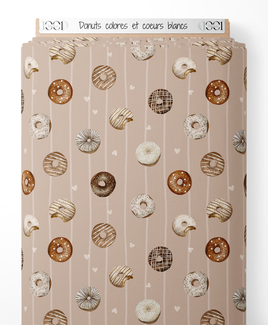 Tissu - Donuts colorés et cœurs blancs
