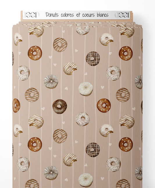 Tissu - Donuts colorés et cœurs blancs
