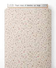 Tissu - Fleurs roses et blanches sur beige