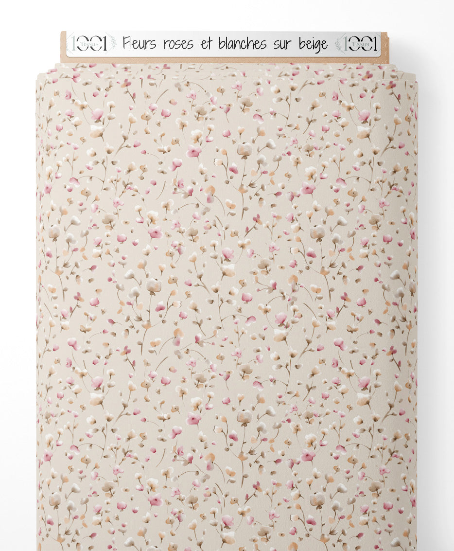 Tissu - Fleurs roses et blanches sur beige