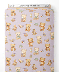 Tissu - Oursons beige et jouets lilas