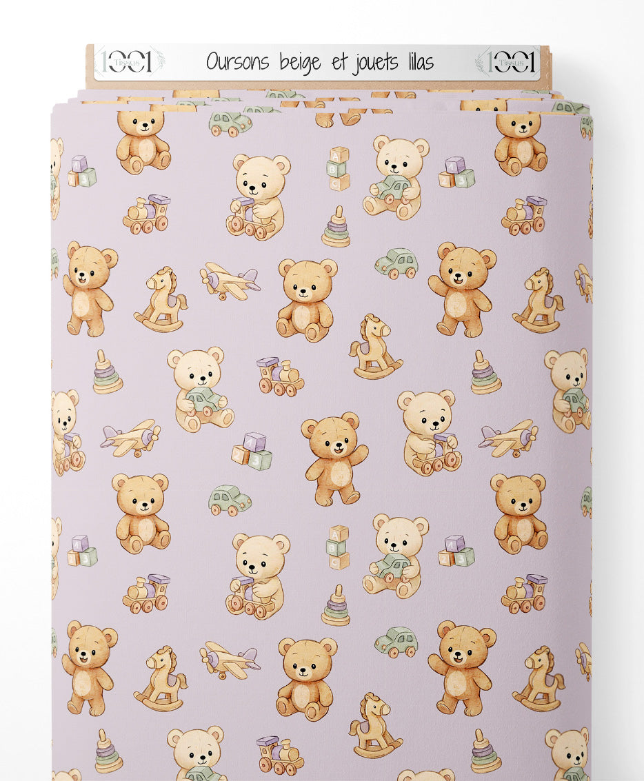 Tissu - Oursons beige et jouets lilas