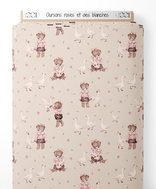 Tissu - Oursons roses et oies blanches