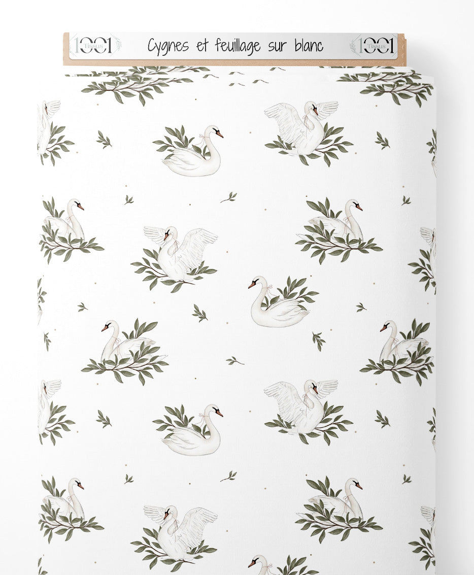 Tissu - Cygnes et feuillage sur blanc