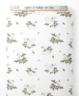 Tissu - Cygnes et feuillage sur blanc