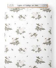 Tissu - Cygnes et feuillage sur blanc