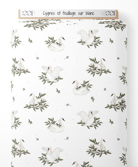 Tissu - Cygnes et feuillage sur blanc
