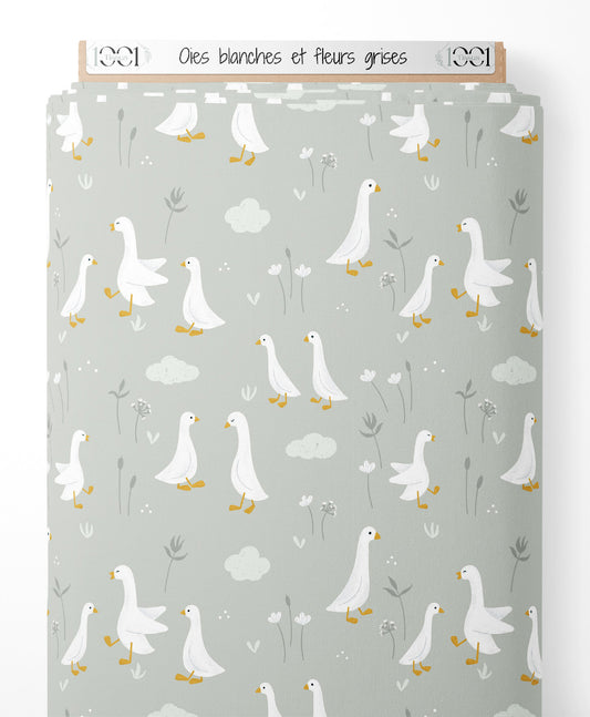 Tissu - Oies blanches et fleurs grises