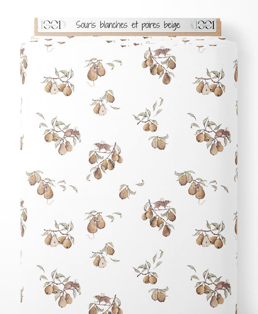 Tissu - Souris blanches et poires beige