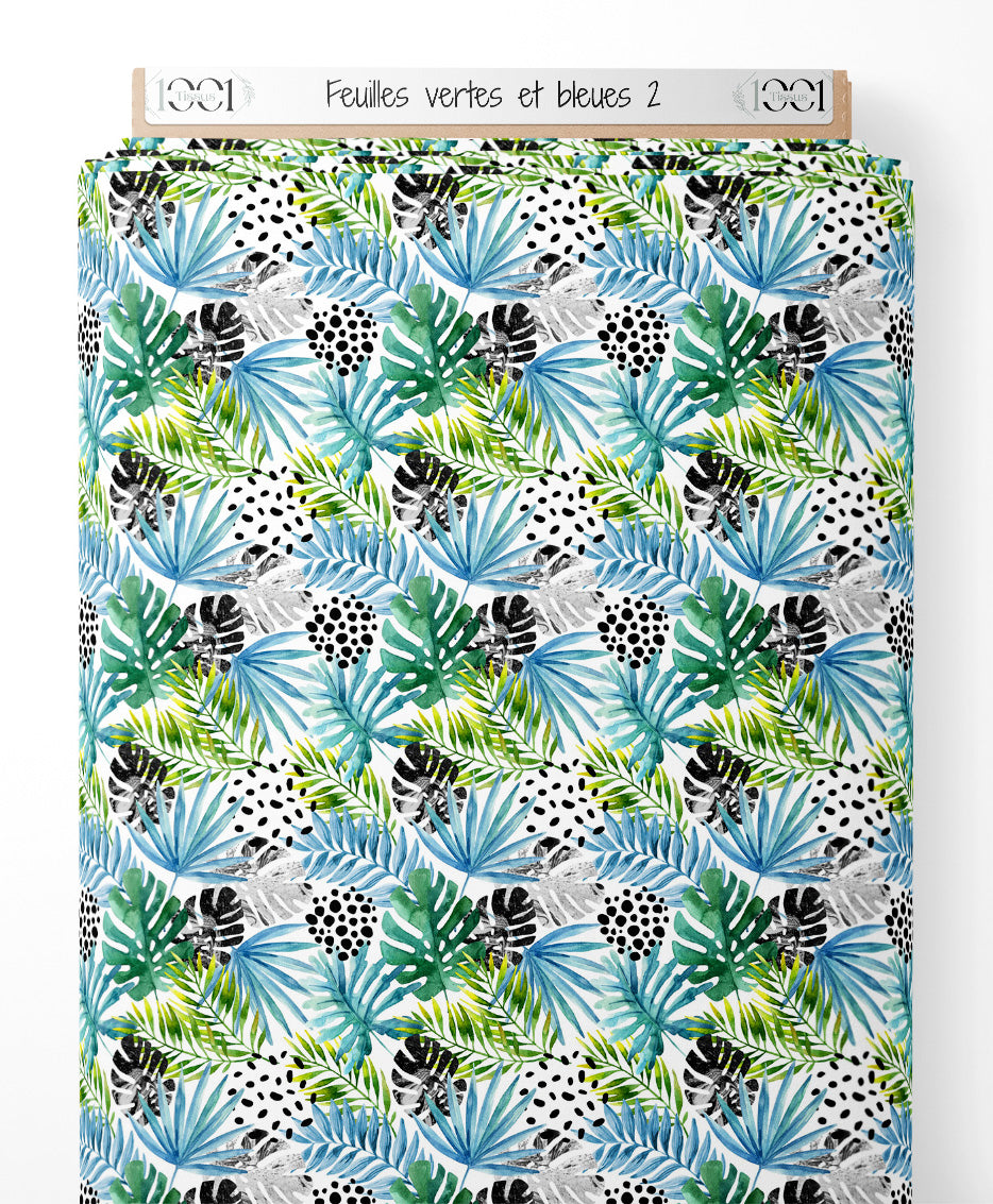 Tissu - Feuilles vertes et bleues 2