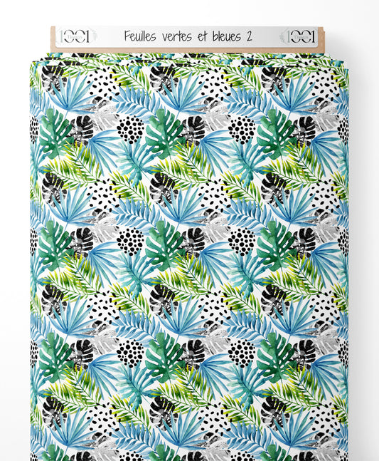 Tissu - Feuilles vertes et bleues 2