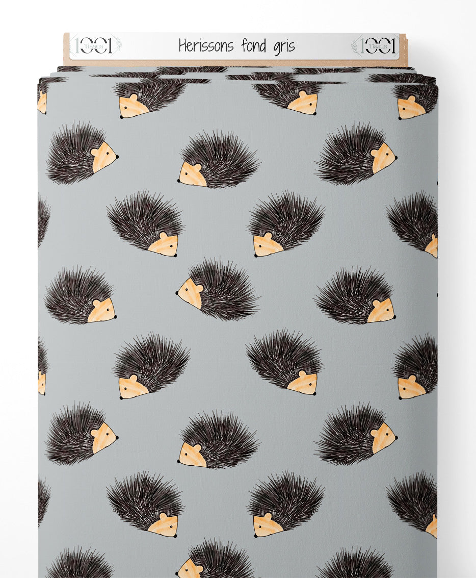 Tissu - Hérissons sur fond gris