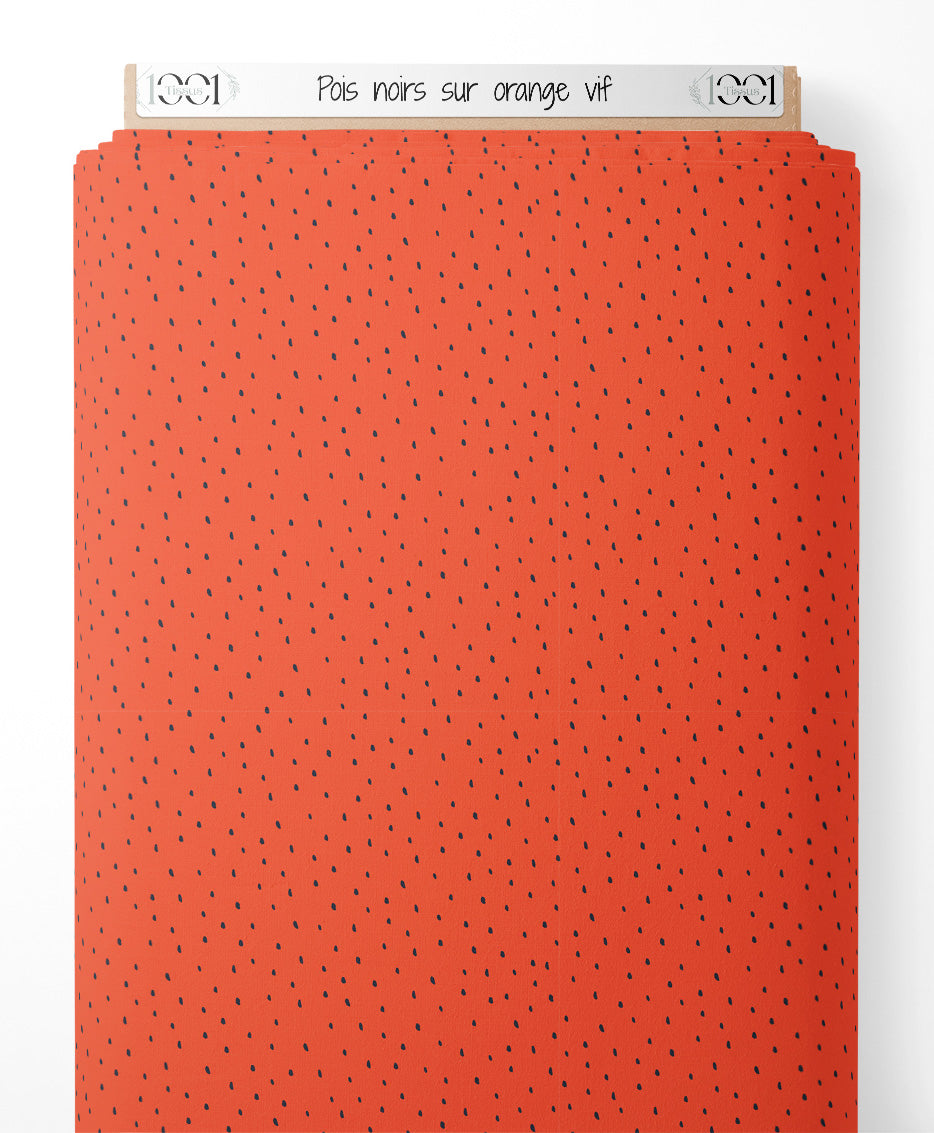 Tissu - Pois noirs sur orange vif
