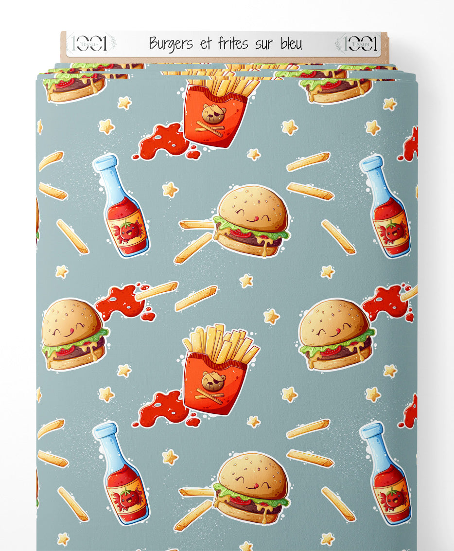 Tissu - Burgers et frites sur bleu