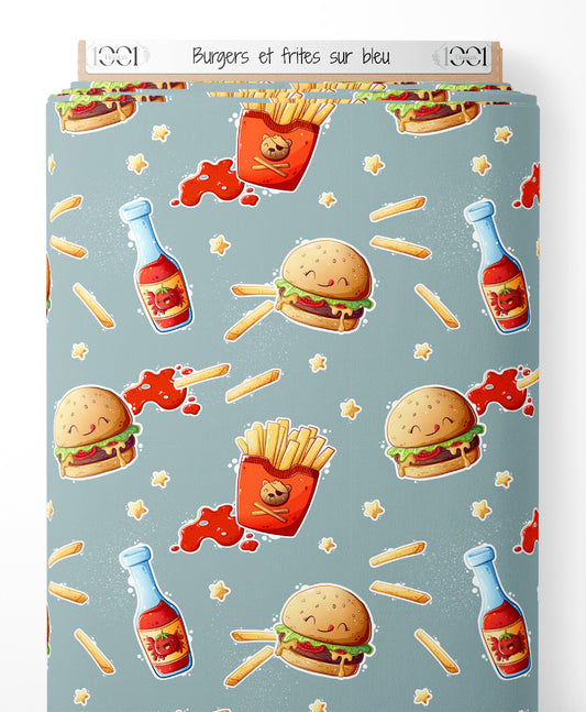 Tissu - Burgers et frites sur bleu