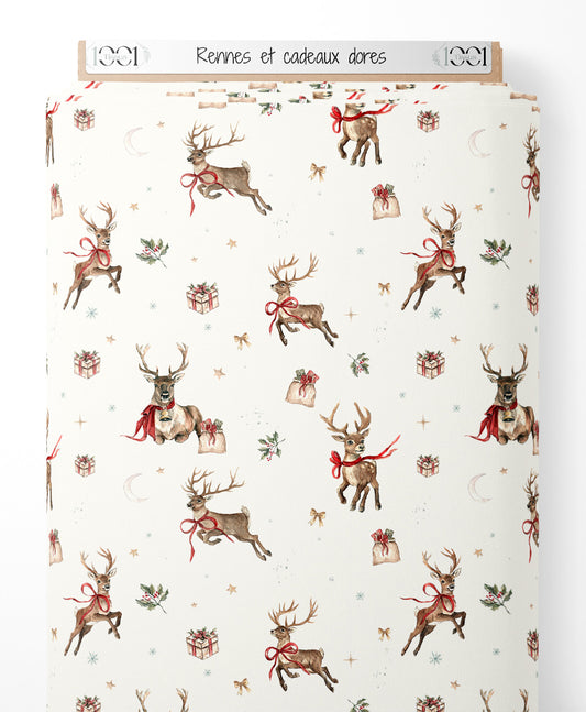 Tissu - Rennes et cadeaux dorés