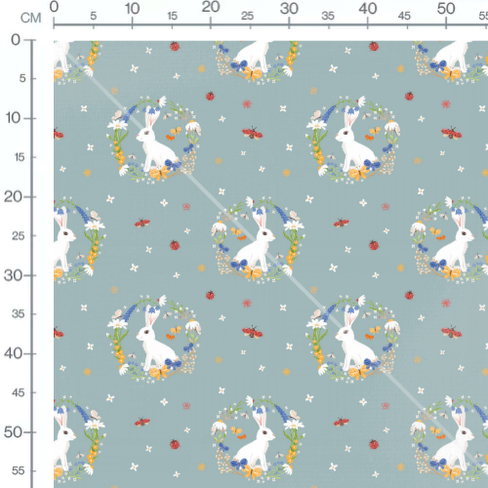 Tissu - Lapins et fleurs sur fond bleu