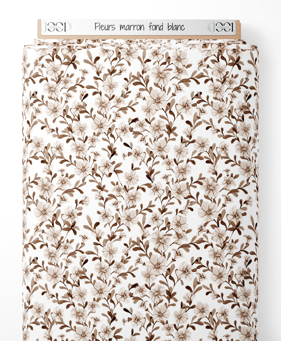 Tissu - Fleurs marron sur fond blanc