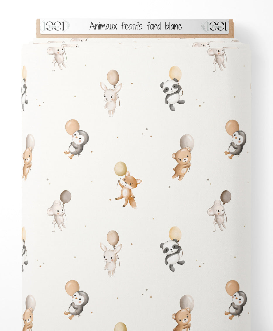 Tissu - Animaux festifs sur fond blanc