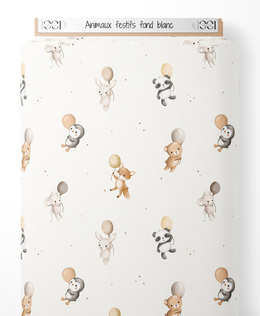 Tissu - Animaux festifs sur fond blanc