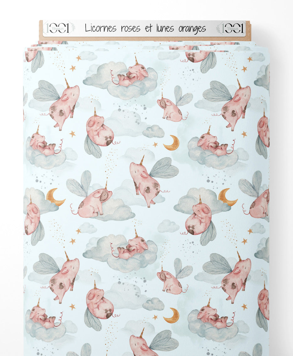 Tissu - Licornes roses et lunes oranges