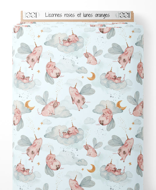 Tissu - Licornes roses et lunes oranges