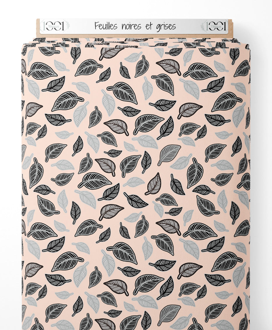Tissu - Feuilles noires et grises