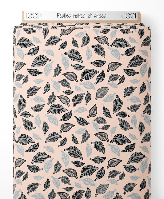 Tissu - Feuilles noires et grises