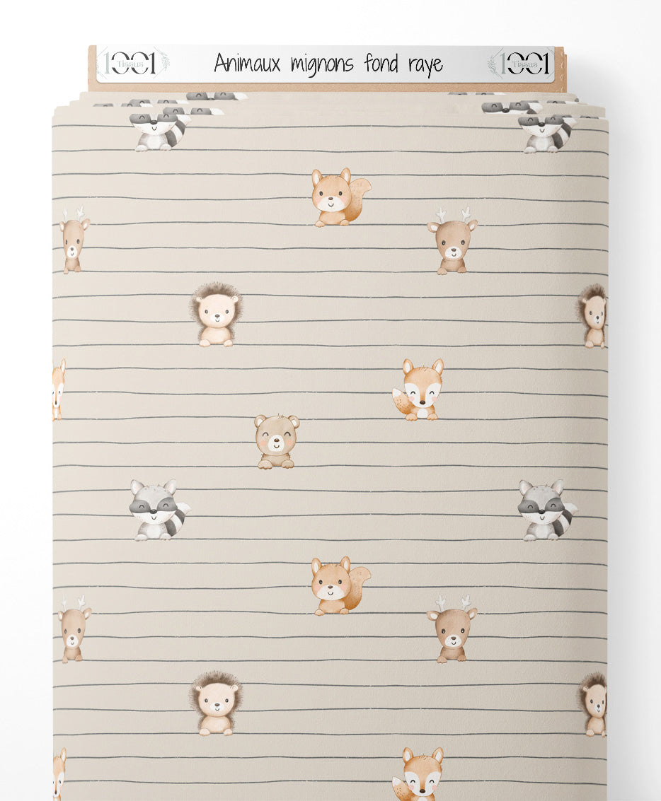 Tissu - Animaux mignons sur fond rayé