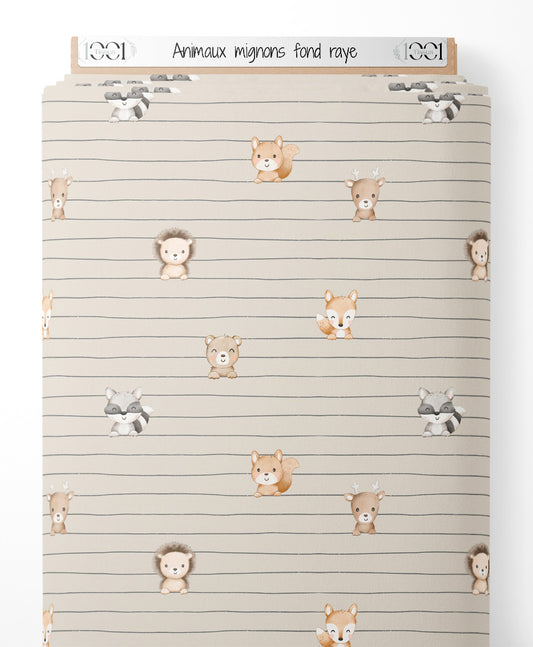 Tissu - Animaux mignons sur fond rayé