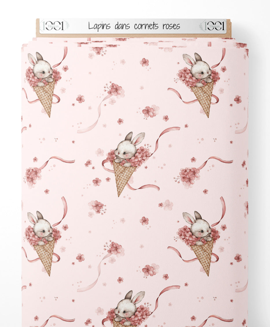 Tissu - Lapins dans cornets roses