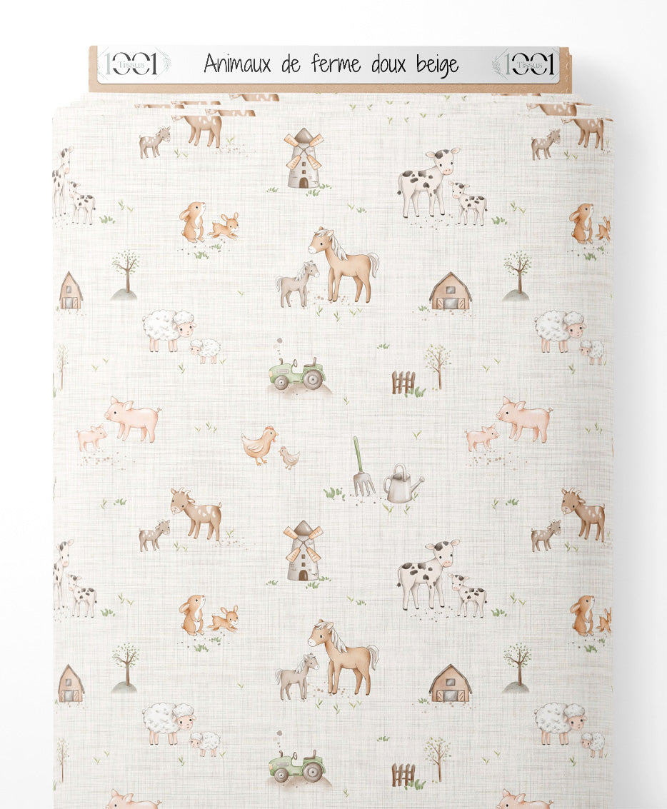 Tissu - Animaux de ferme doux beige