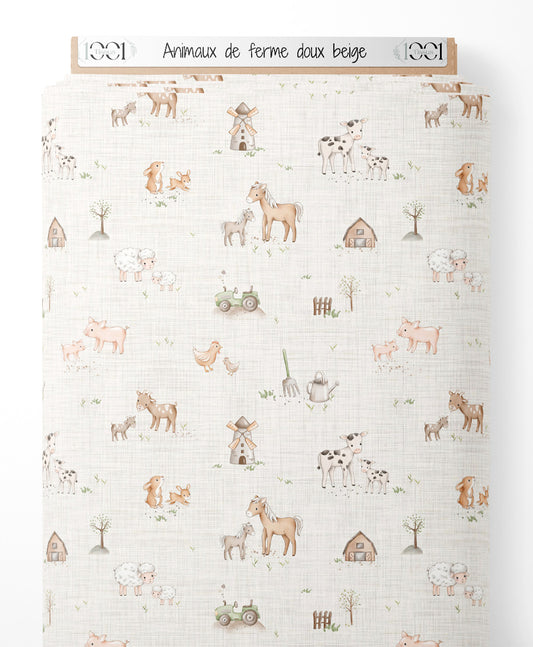 Tissu - Animaux de ferme doux beige