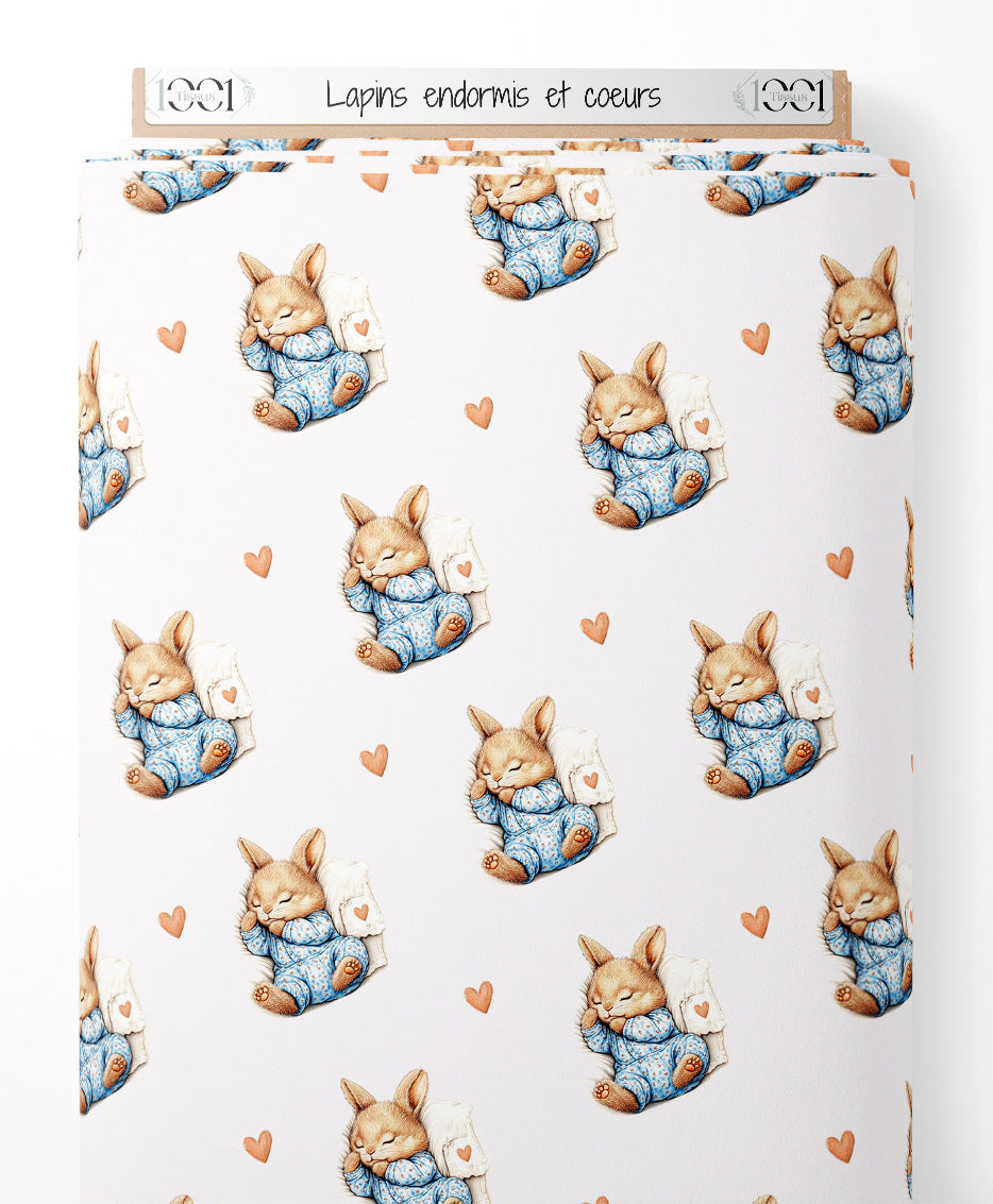 Tissu - Lapins endormis et cœurs