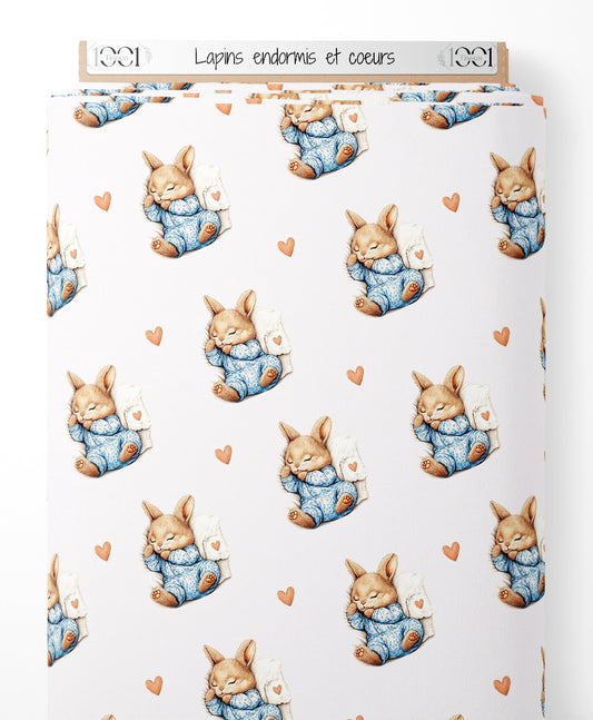 Tissu - Lapins endormis et cœurs