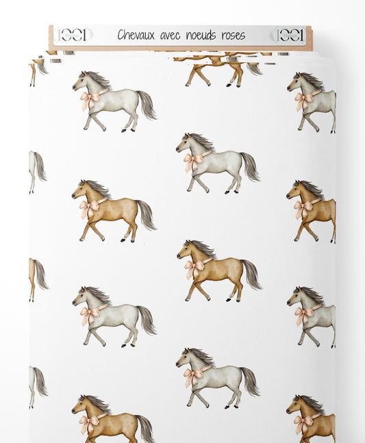 Tissu - Chevaux avec nœuds roses