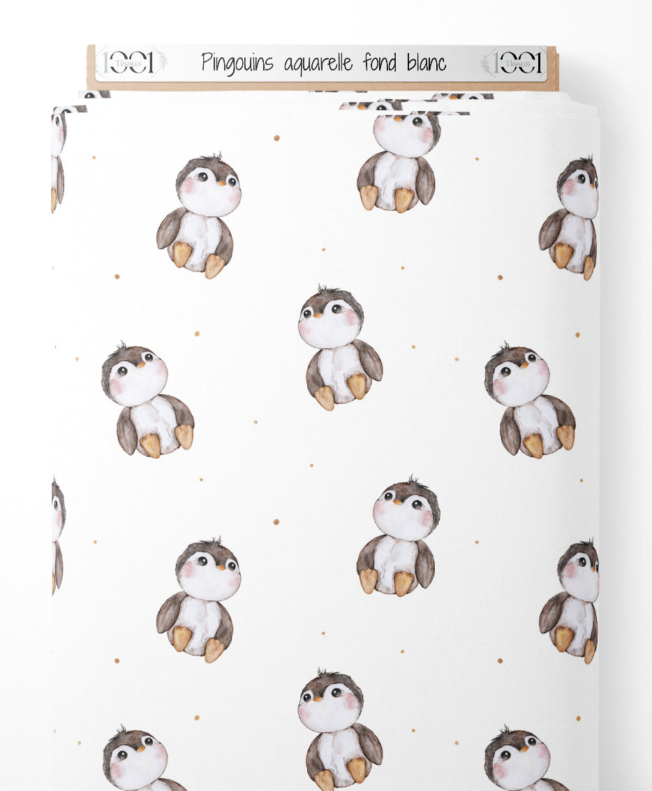 Tissu - Pingouins aquarelle fond blanc