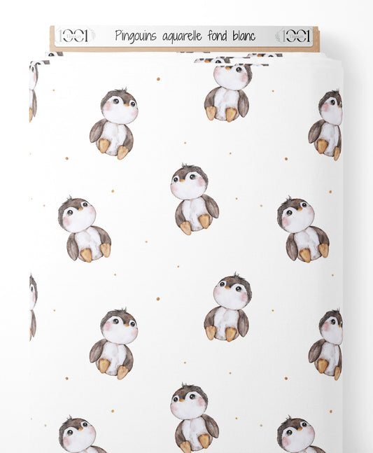 Tissu - Pingouins aquarelle fond blanc