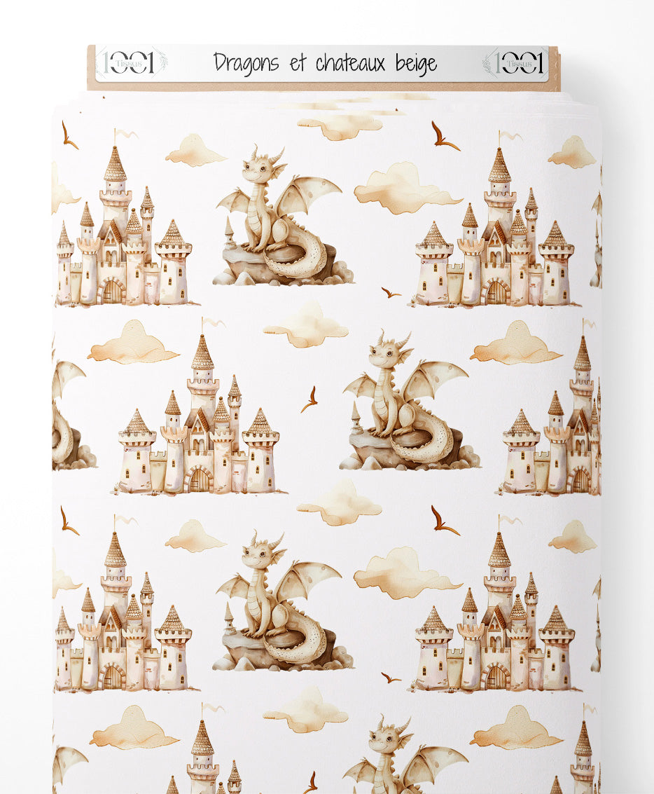 Tissu - Dragons et châteaux beige