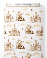 Tissu - Dragons et châteaux beige