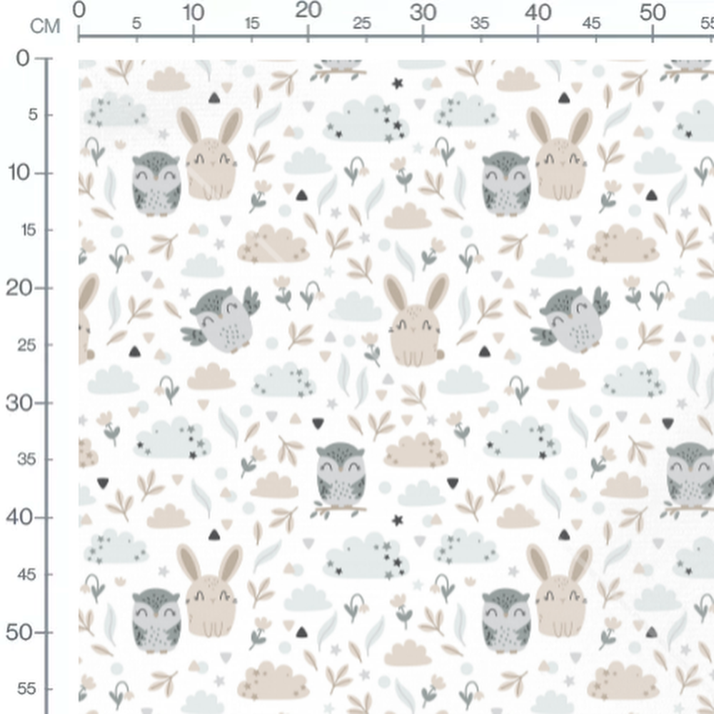 Tissu - Hiboux et lapins joyeux