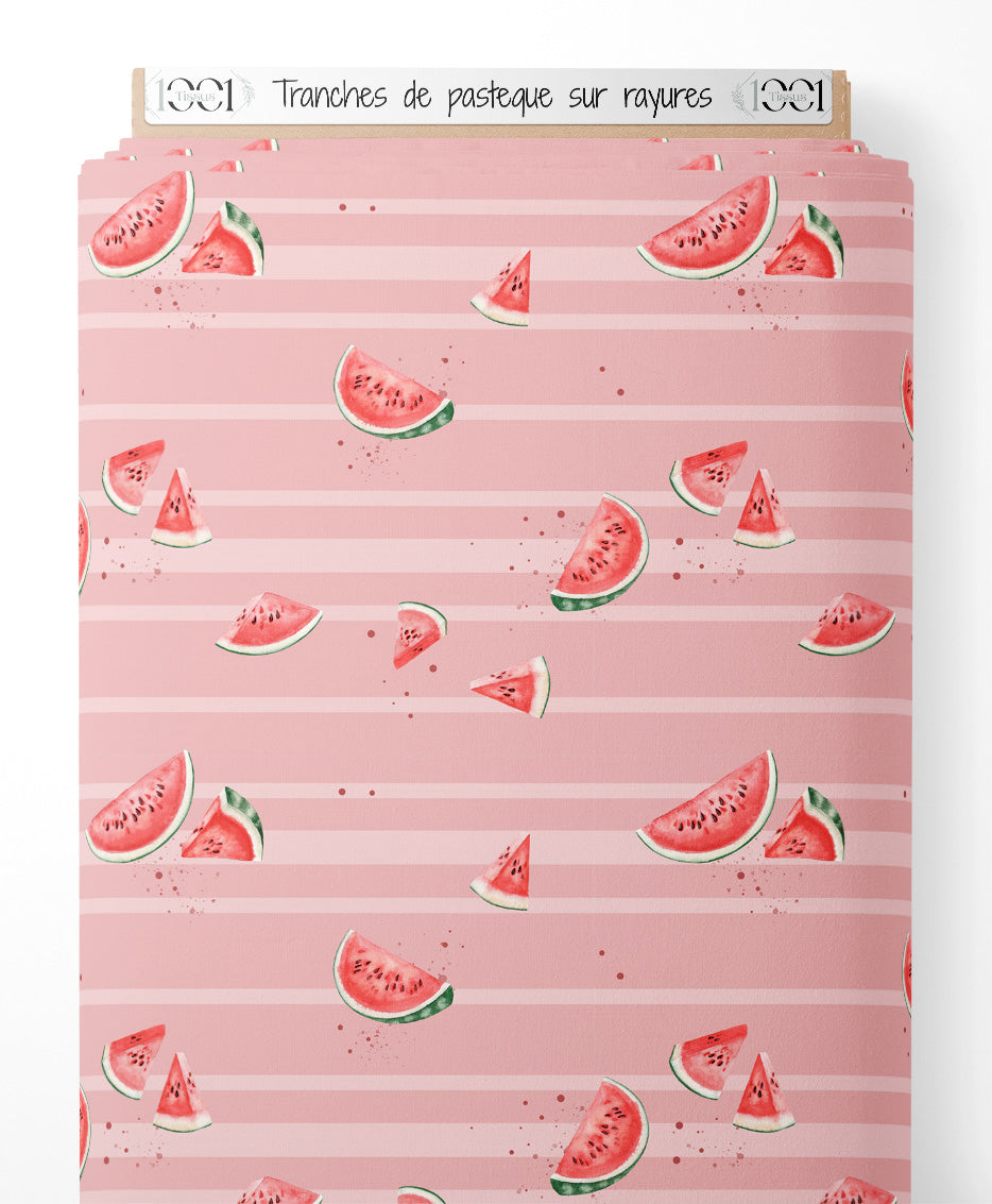 Tissu - Tranches de pastèque sur rayures