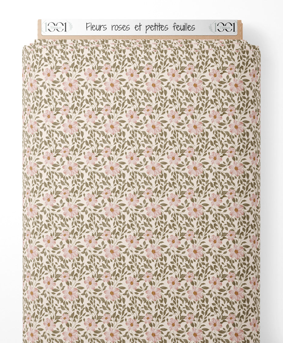 Tissu - Fleurs roses et petites feuilles