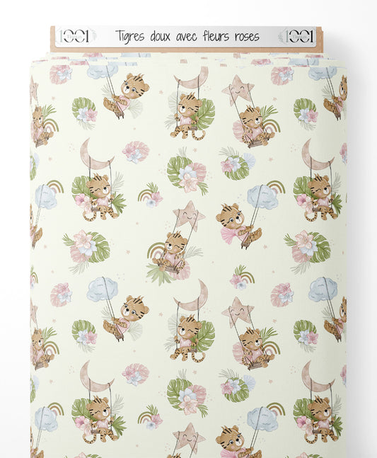 Tissu - Tigres doux avec fleurs roses