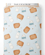 Tissu - Biscuits et lait sur bleu clair
